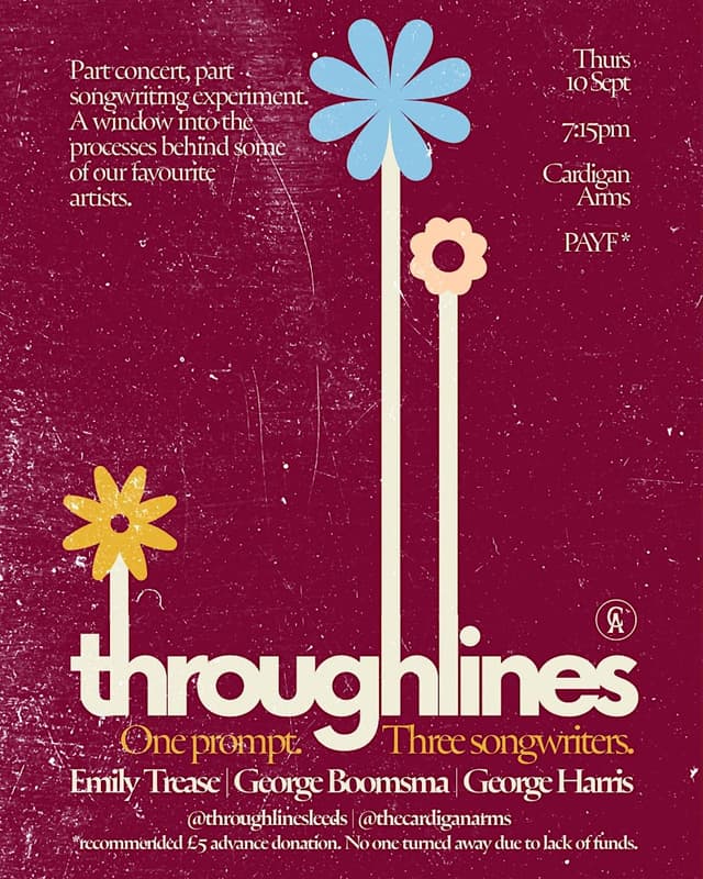 Poster for Throughlines #10 - Emily Trease, George Boomsma, George Harris at The Cardigan Arms, Leeds