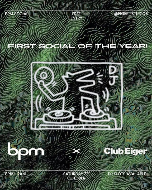 Poster for BPM Social at Eiger Studios, Leeds